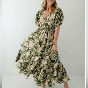 Anna Cate Mallory Midi Khaki Green Paisley Dress XS